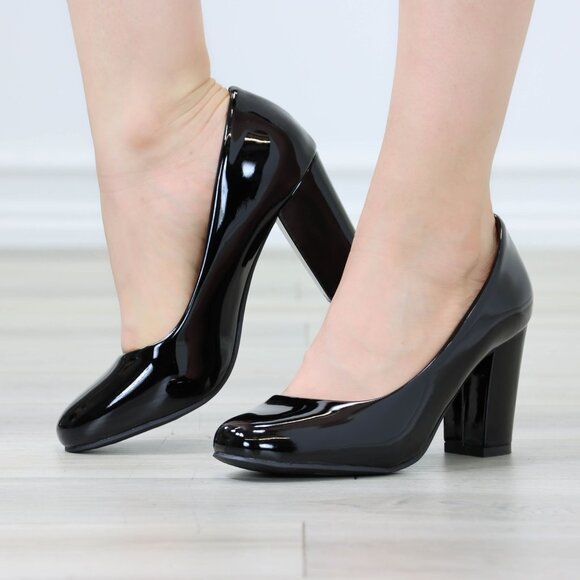 Classic Black Patent High Heel Slip On Round Toe Block Pumps - Picture 3 of 11
